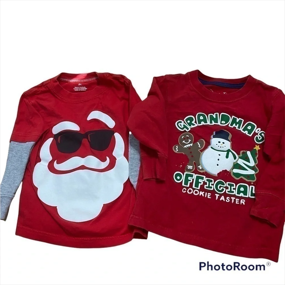 Christmas Long Sleeve T-shirt Bundle 2T Boy Santa Grandma Cookie Taster Red